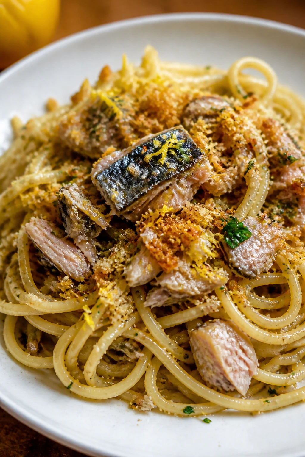 Close-up of sardine spaghetti with lemon breadcrumbs