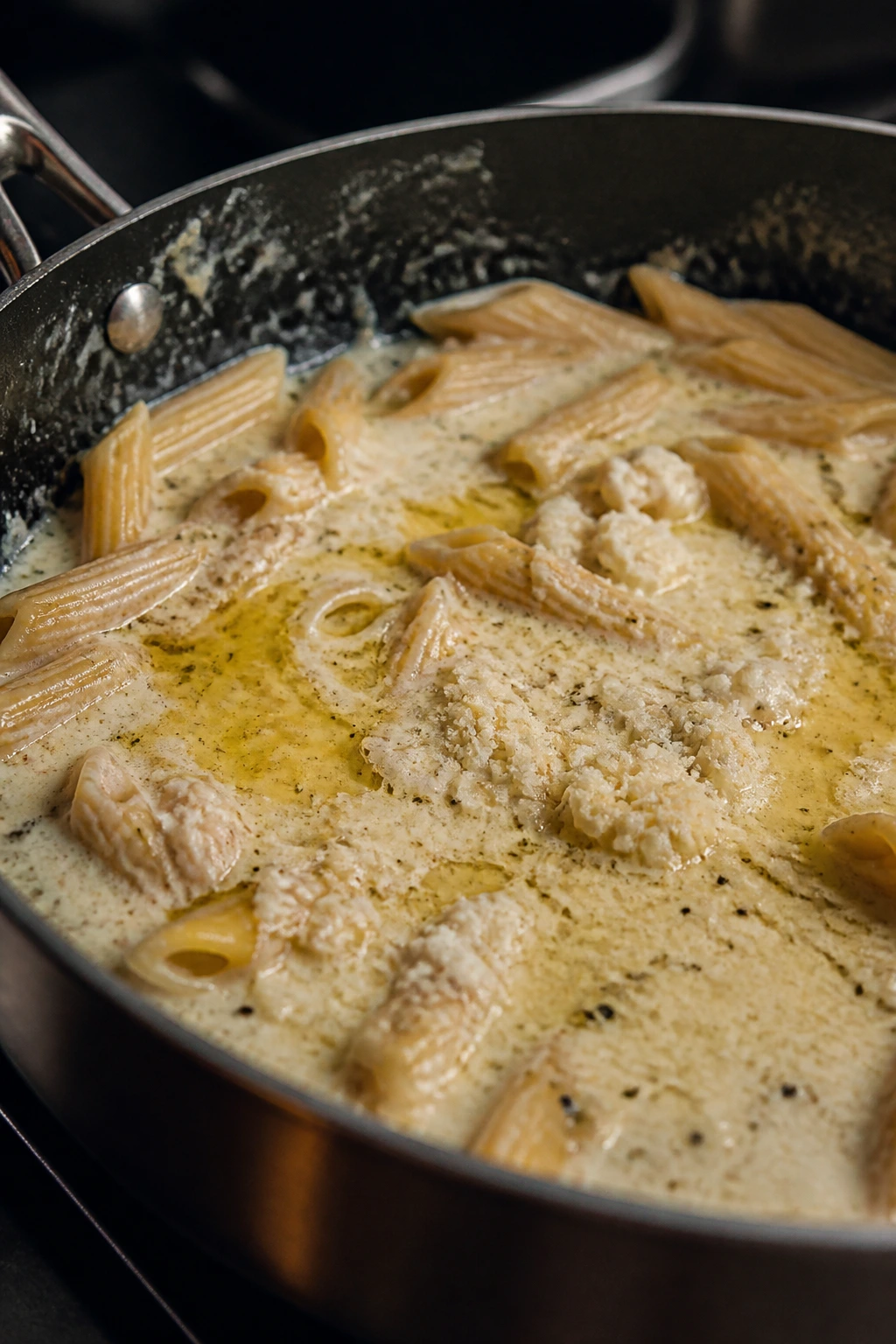 Cream sauce curdling and Parmesan clumping in a pan