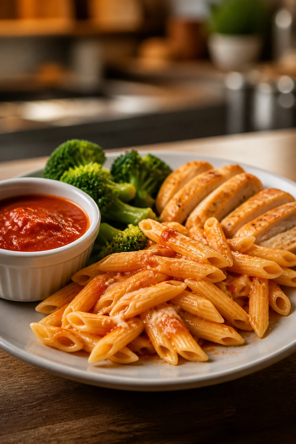 Plate showing sauce overload with a side ramekin of extra sauce.