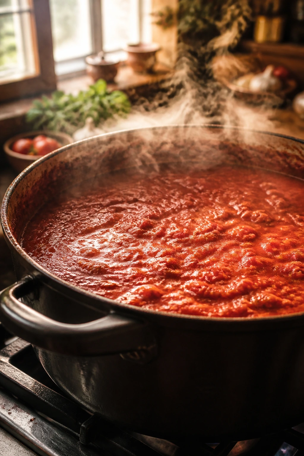 Close-up of bubbling tomato sauce in a large pot, representing Sunday suppers
