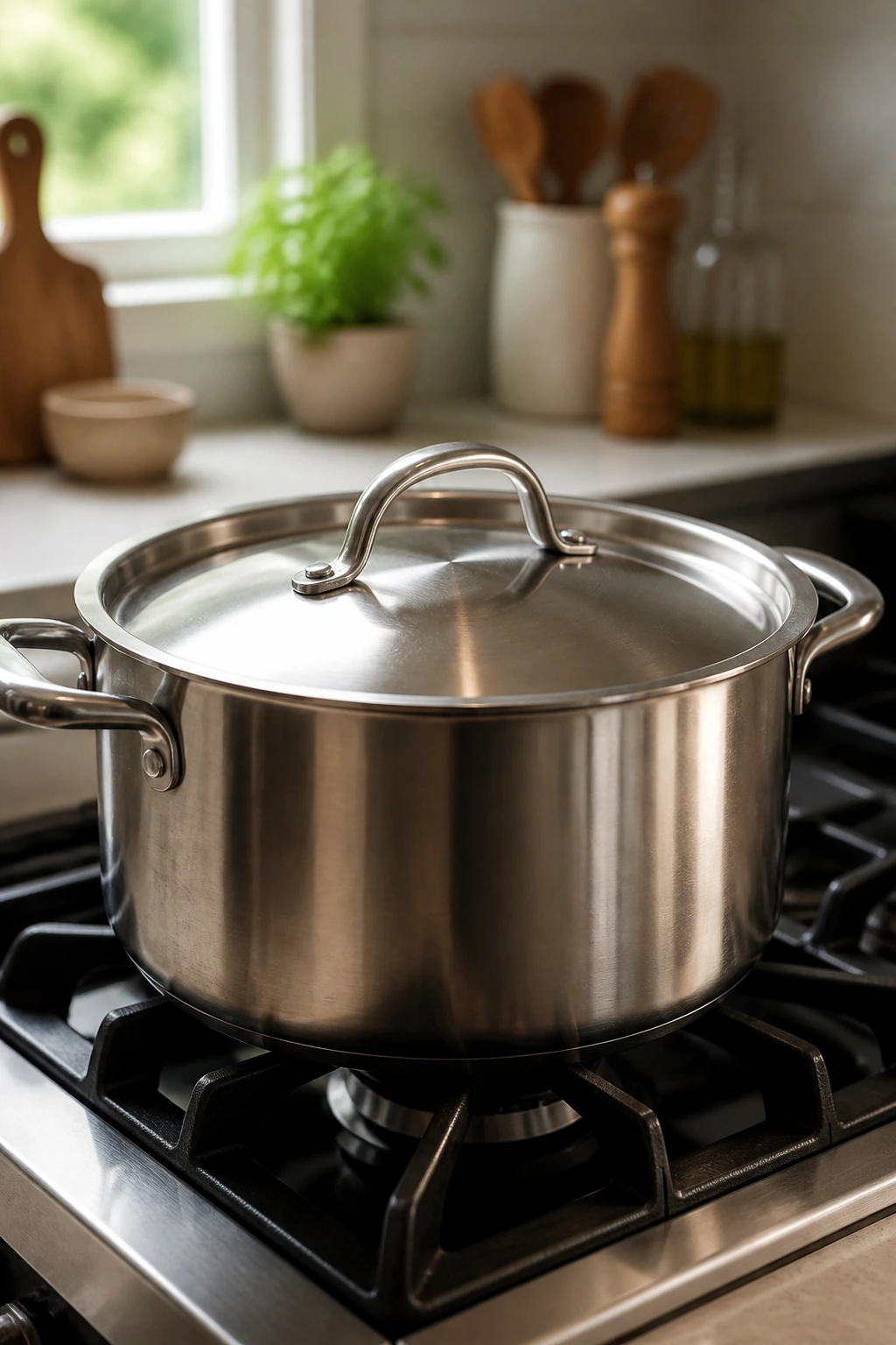 Large saucepan with lid on a stove in a kitchen