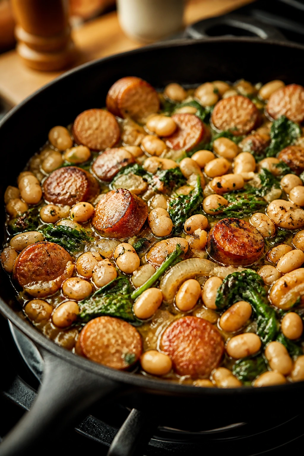 Close-up of a cast-iron skillet with sausage, white beans and spinach in a savory sauce on a stove