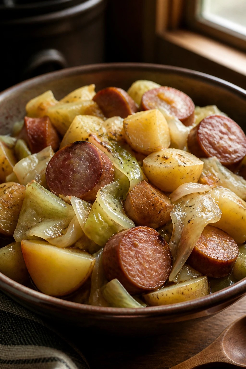 Close-up of a steaming bowl with sausage, cabbage, and potatoes in a rustic kitchen.