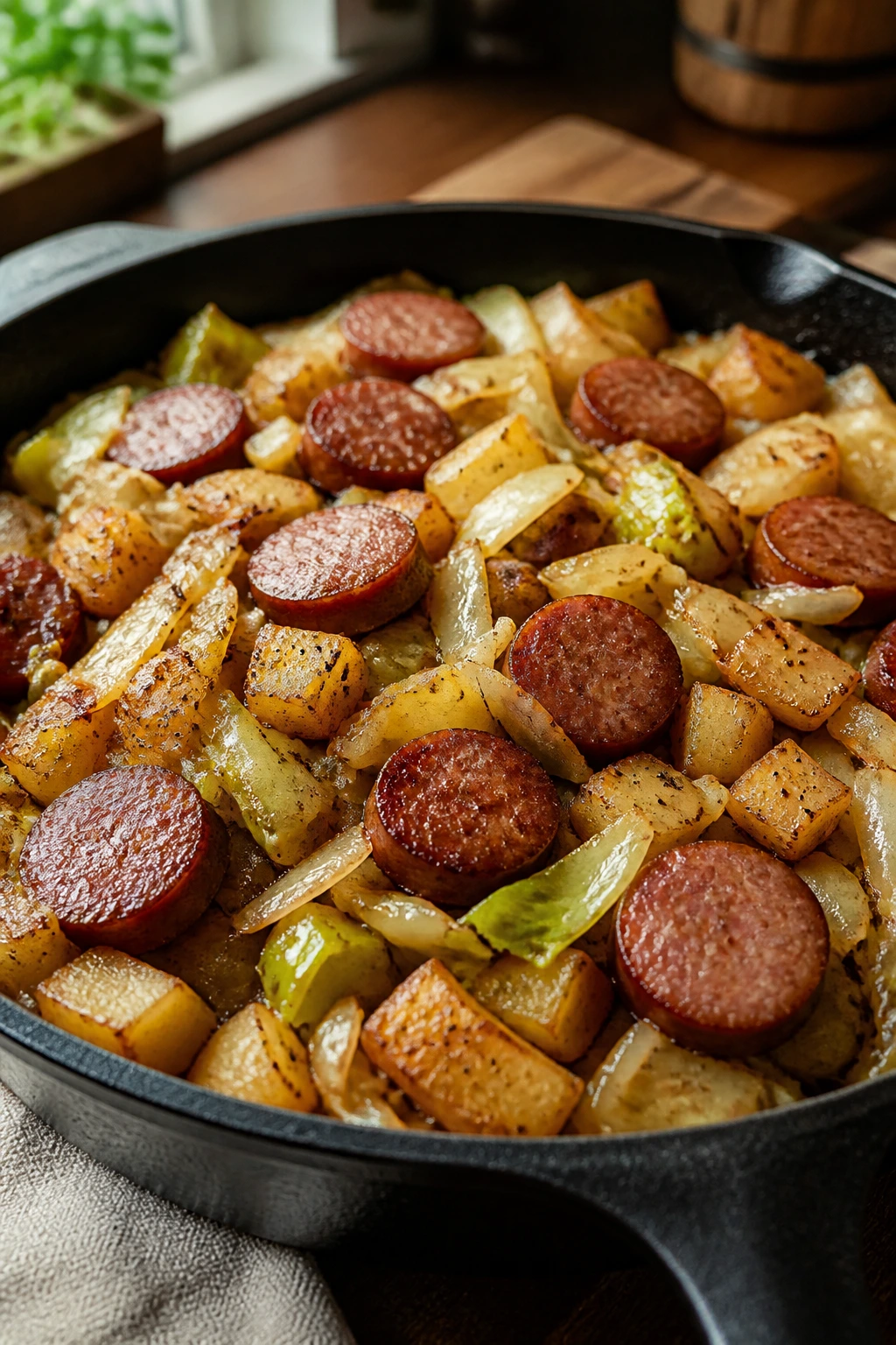 Close-up of a skillet with sausage, cabbage, and potatoes filling the frame