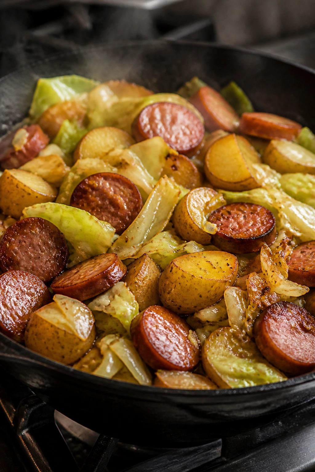 Close up of sausage, potatoes, and cabbage cooking in a skillet on a stove