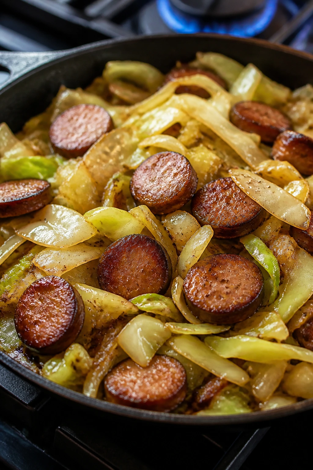 Sausage and cabbage skillet close-up in skillet