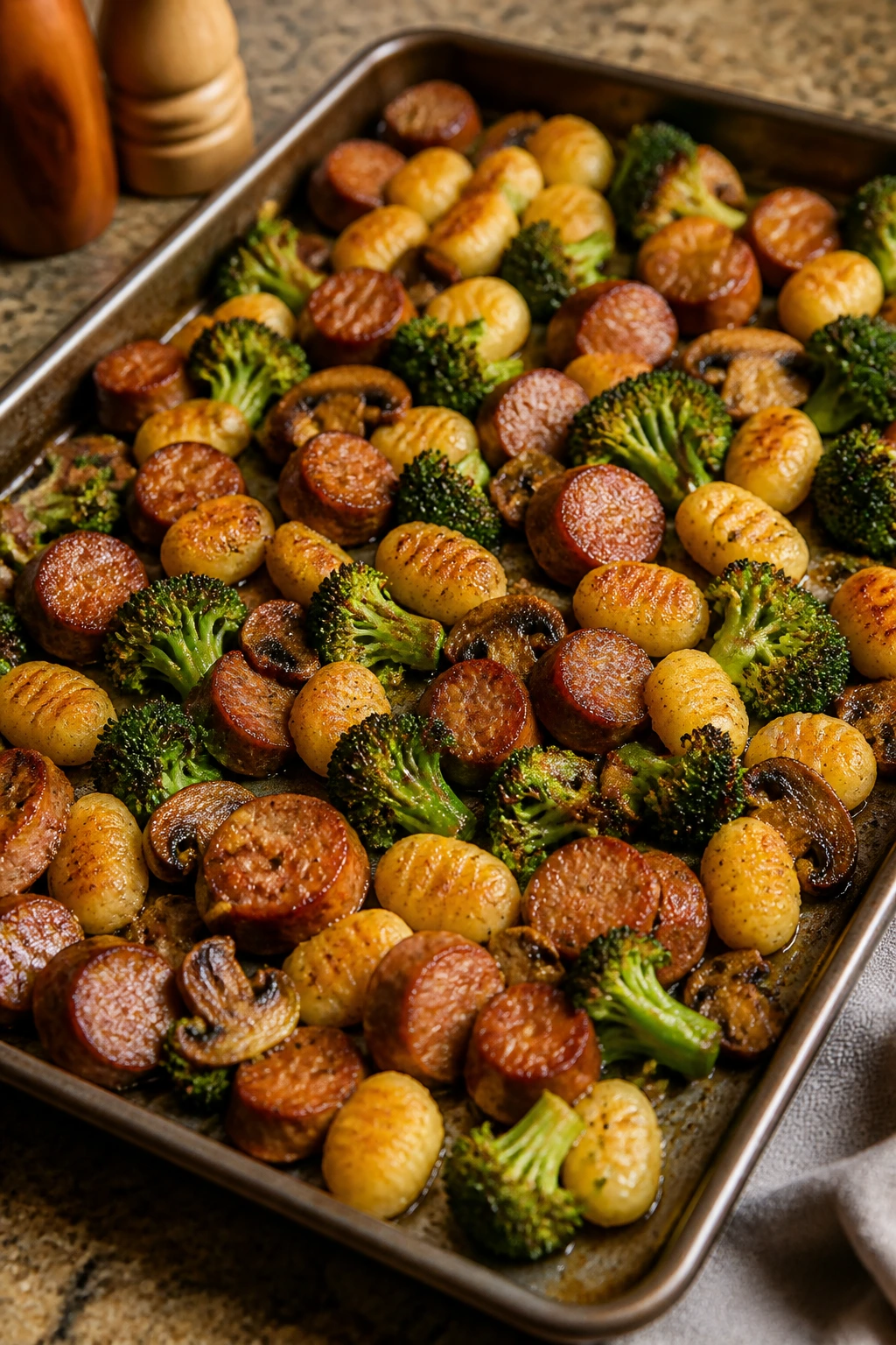 Sausage gnocchi with broccoli and mushrooms on a sheet pan