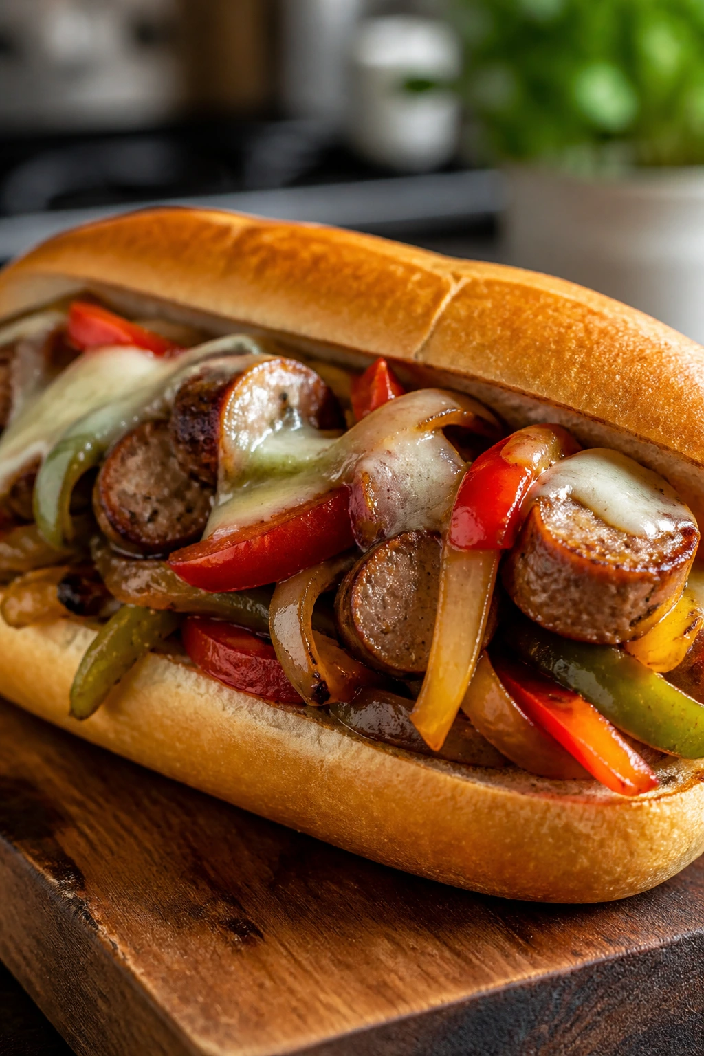 Close-up of a toasted sausage hoagie with peppers and melted cheese