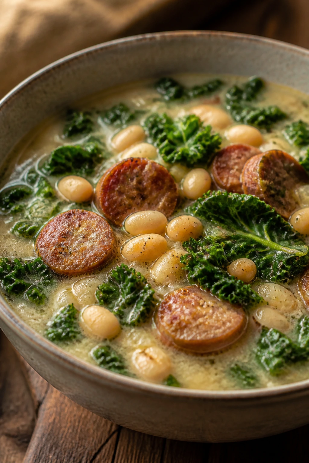 Close-up of sausage kale white bean chowder in a rustic kitchen