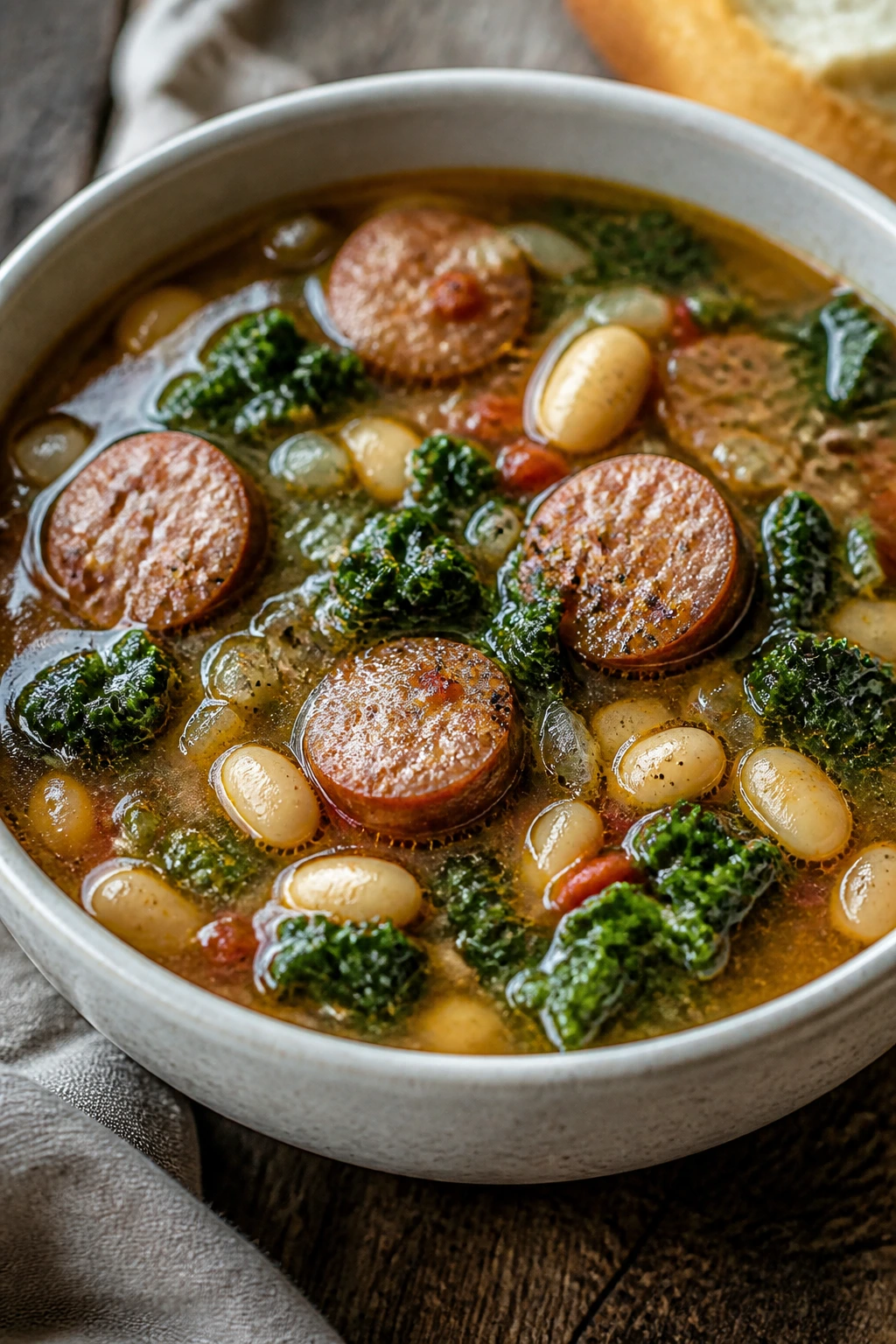 Close-up of sausage kale soup with beans in a bowl