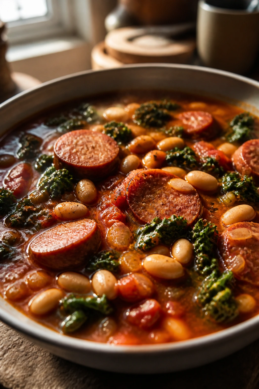 Smoky sausage kale stew close-up in bowl
