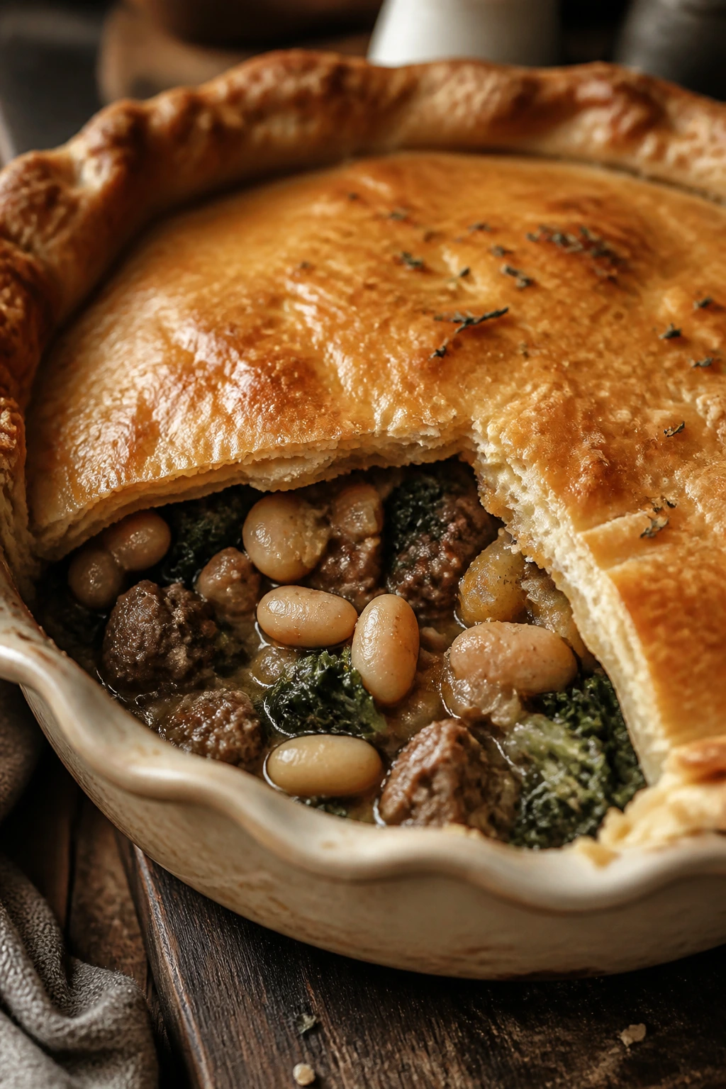 Sausage kale white bean pot pie with a pastry top in a cozy kitchen.