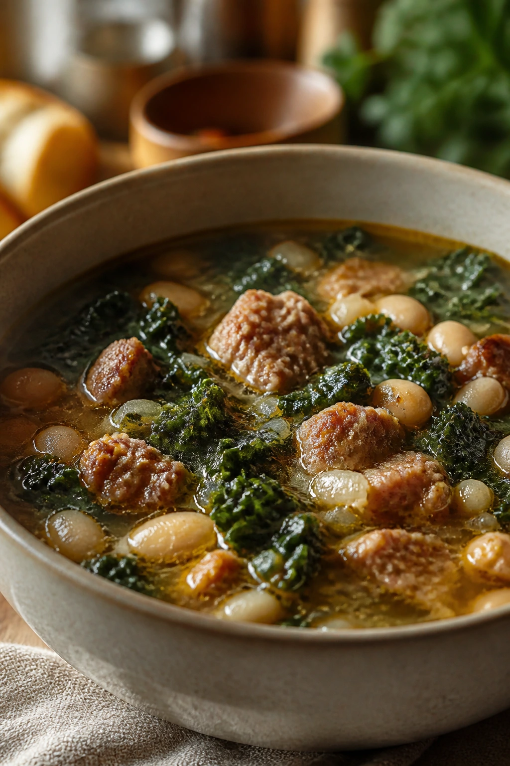 Sausage, kale, and white bean soup with sausage chunks and beans in a hearty broth.