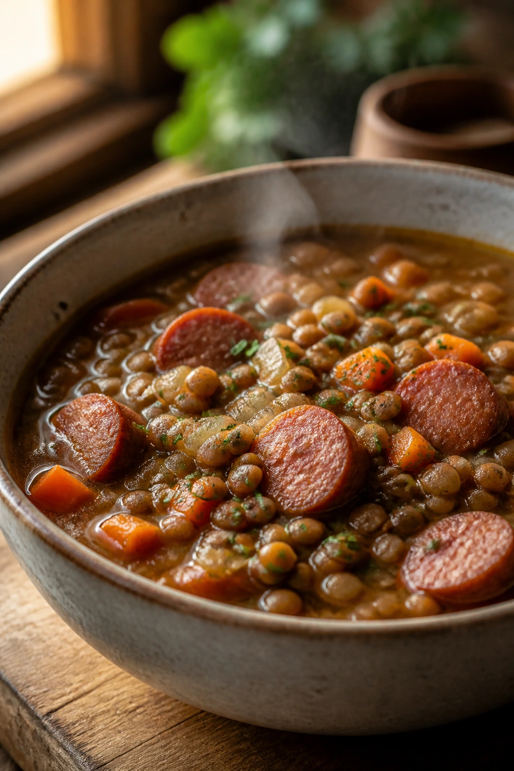 Steaming bowl of sausage and lentil soup with sausage and lentils on a rustic table