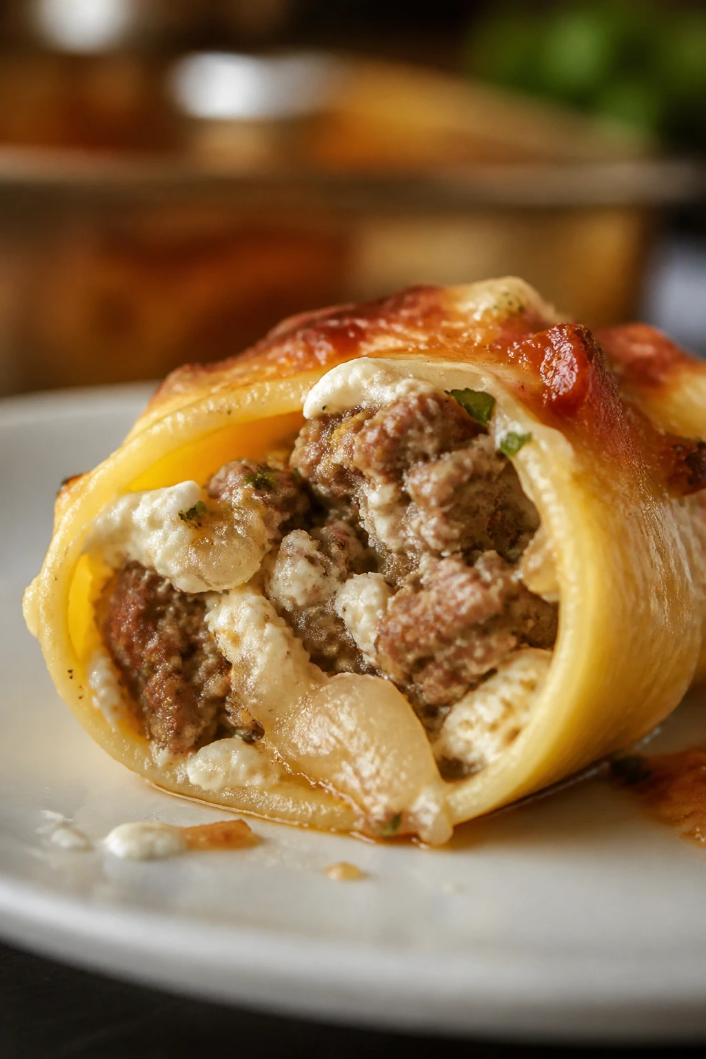 Cross-section of sausage onion parmesan stuffed shell