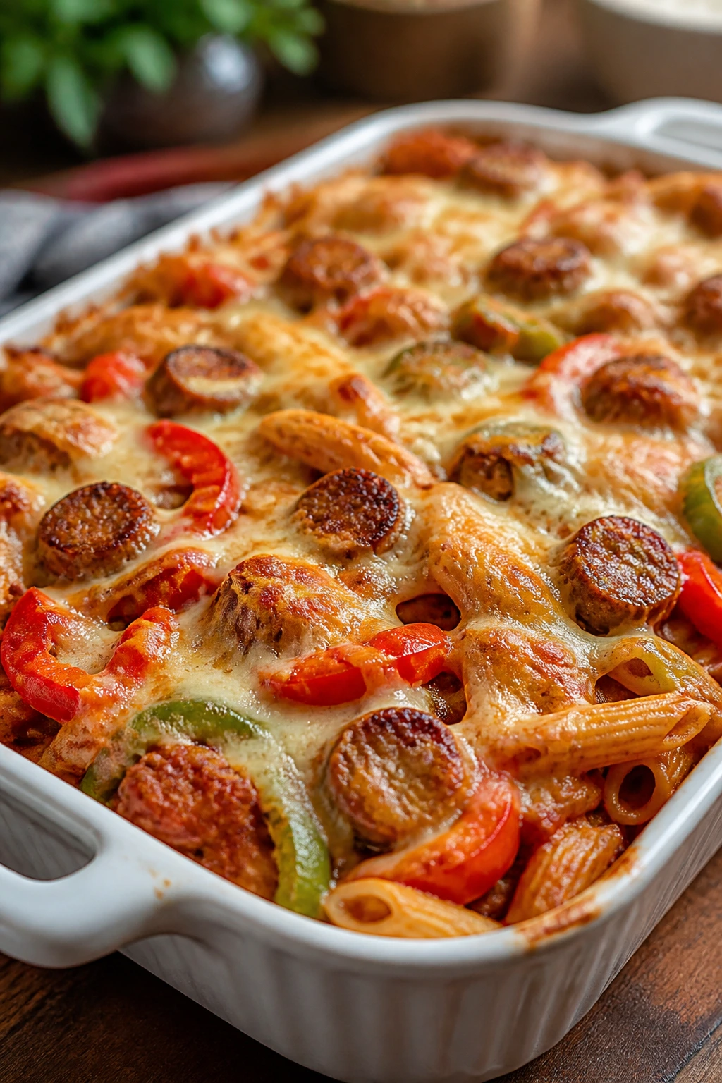Close-up of Sausage Pepper Pasta Bake with sausage and peppers