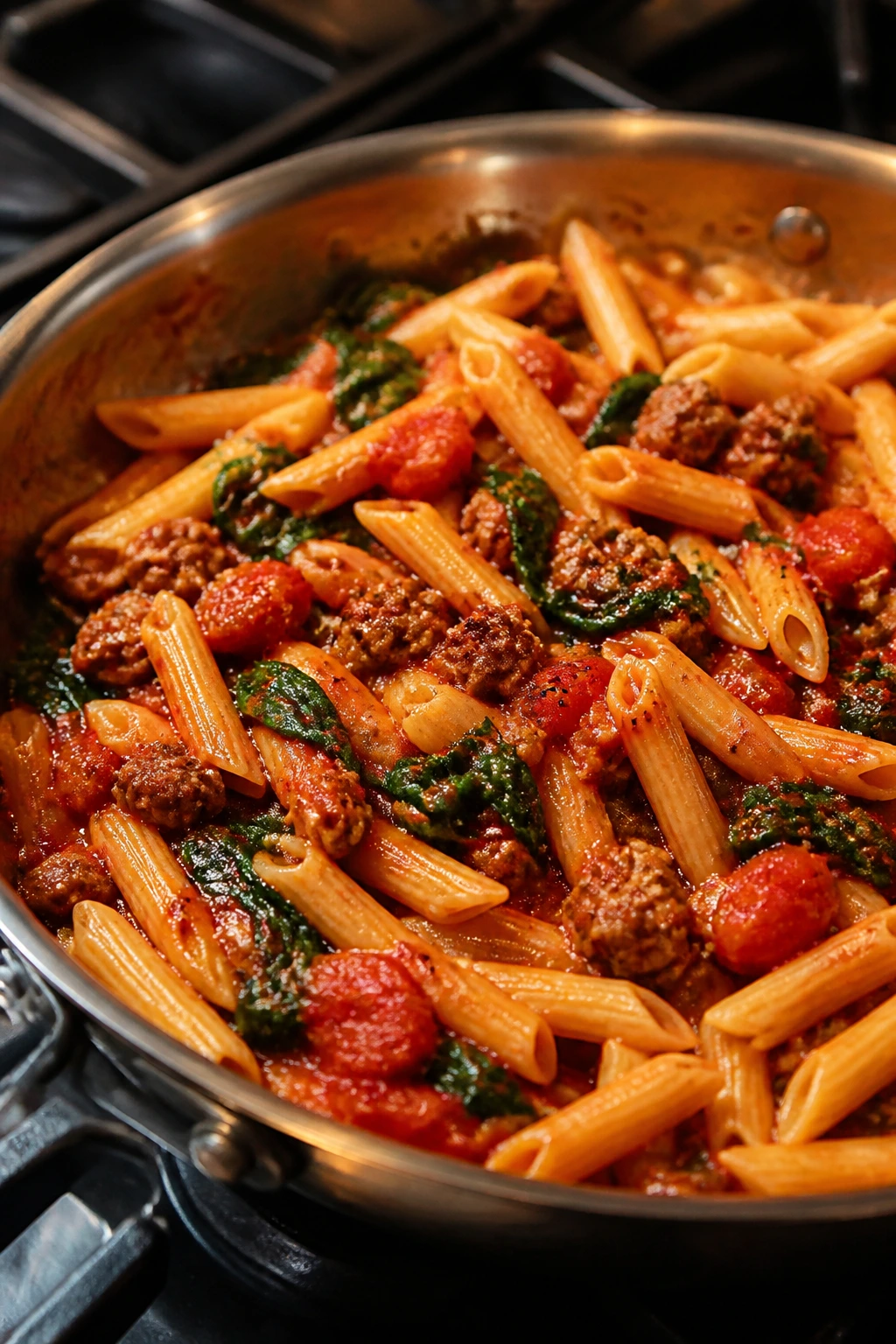 Close-up of one-pan sausage spinach tomato penne in a skillet