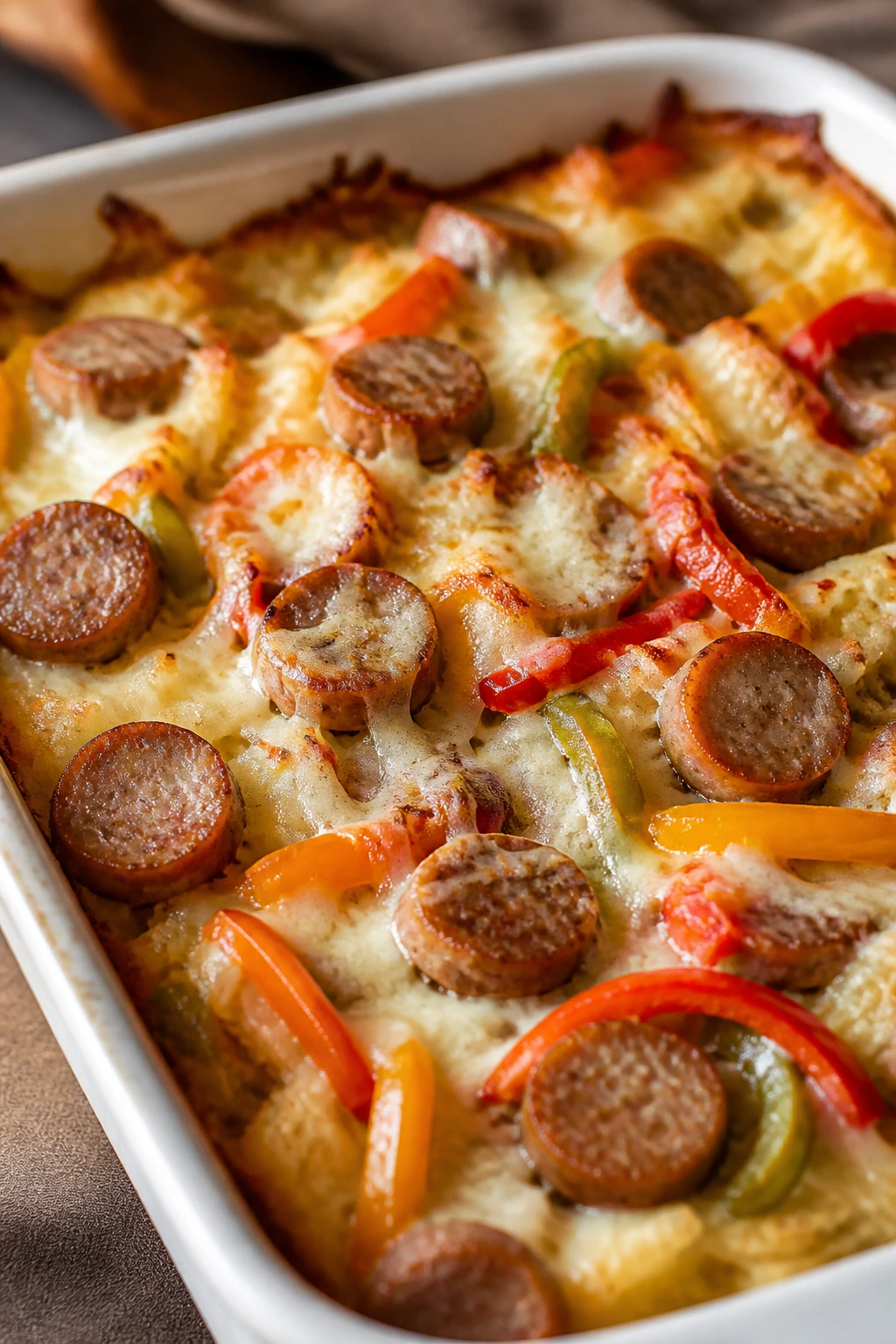 Sausage pepper pizza hashbrown casserole with melted mozzarella