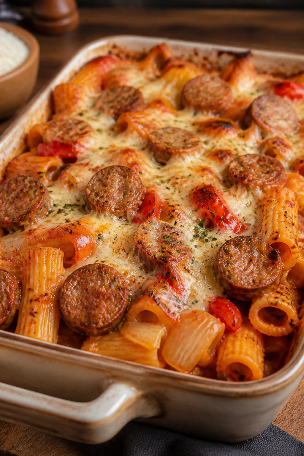 Rigatoni bake with sausage peppers and onions
