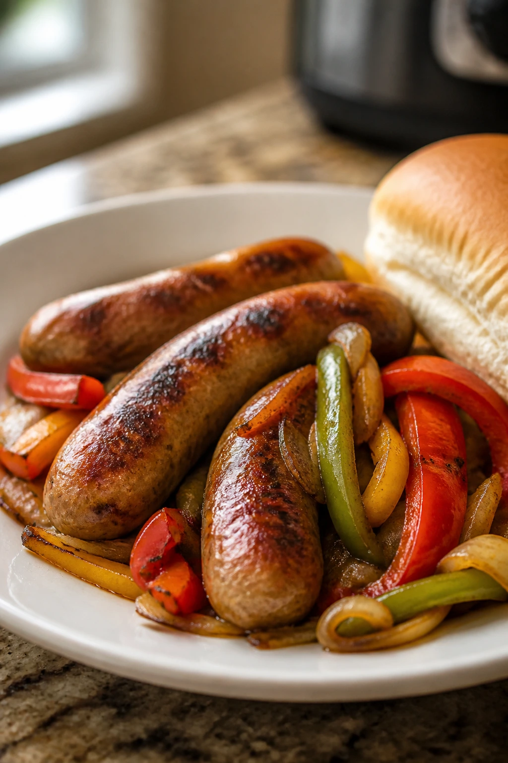 Close-up of sausage and peppers with a bun on plate