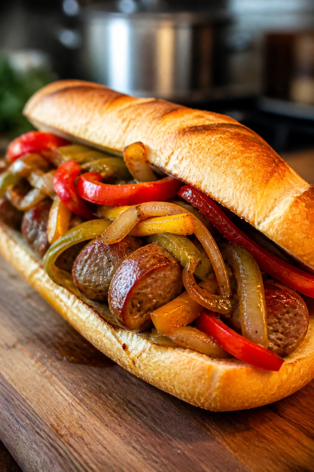 Loaded sausage and peppers hoagie dominating the frame on a cutting board