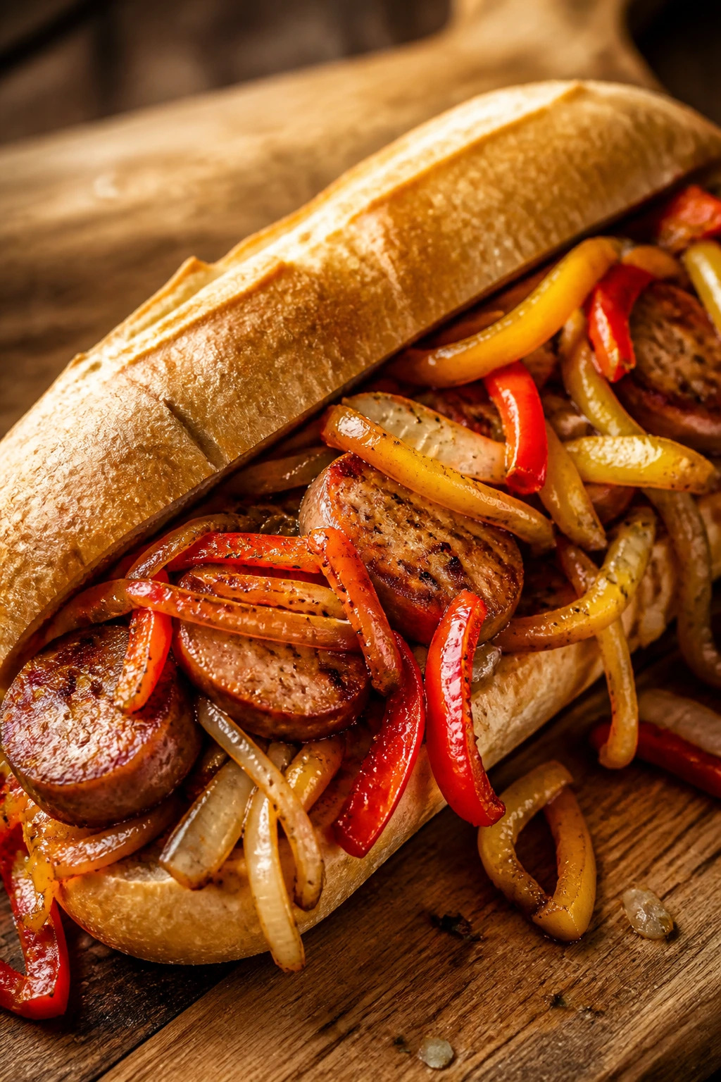 Close-up of loaded sausage and peppers hoagie on cutting board