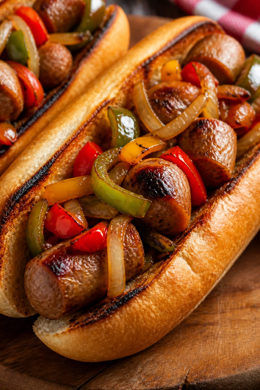 Close-up sausage hoagie with peppers and onions