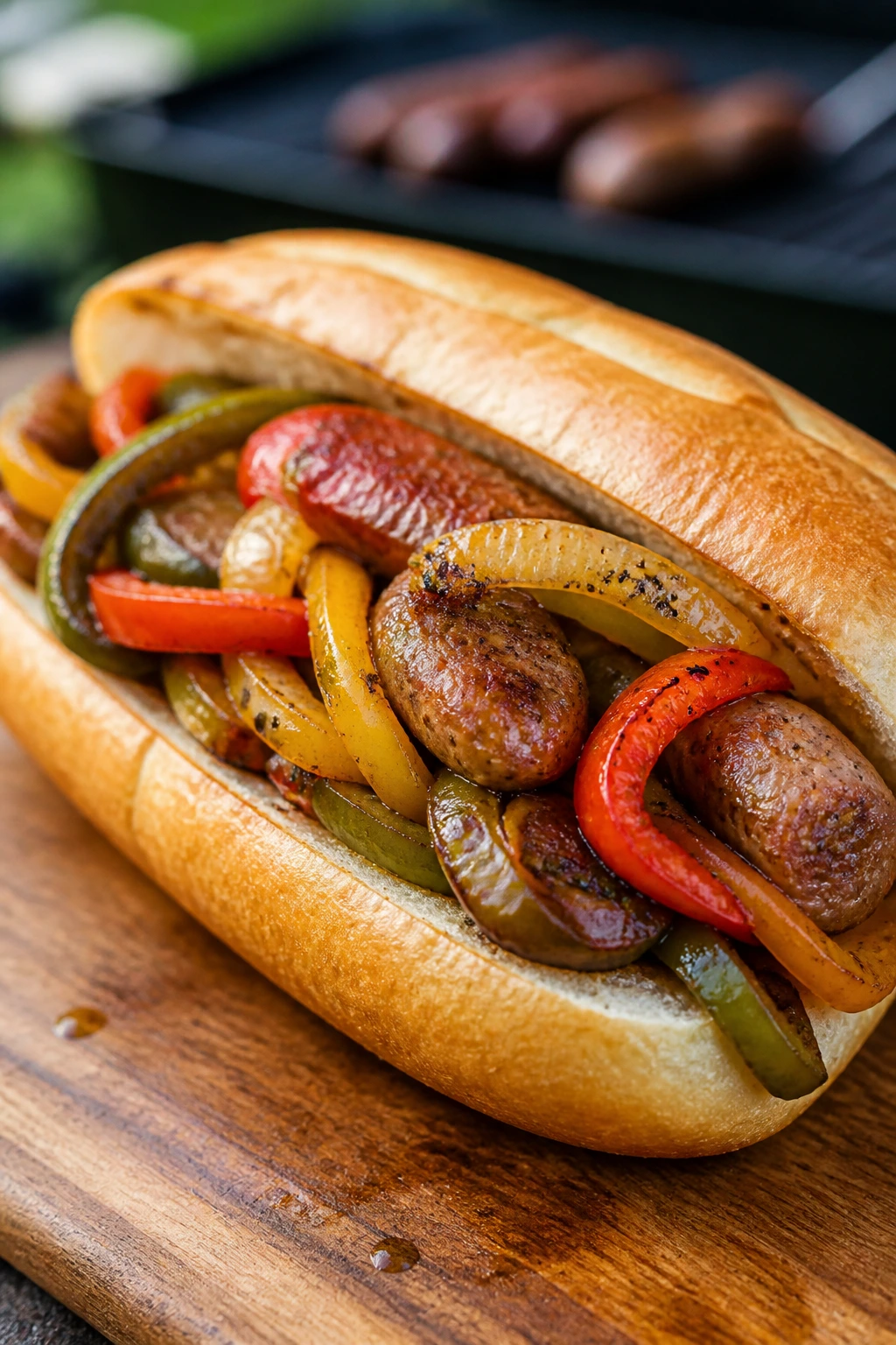 Sausage and peppers hoagie on wooden board outdoors