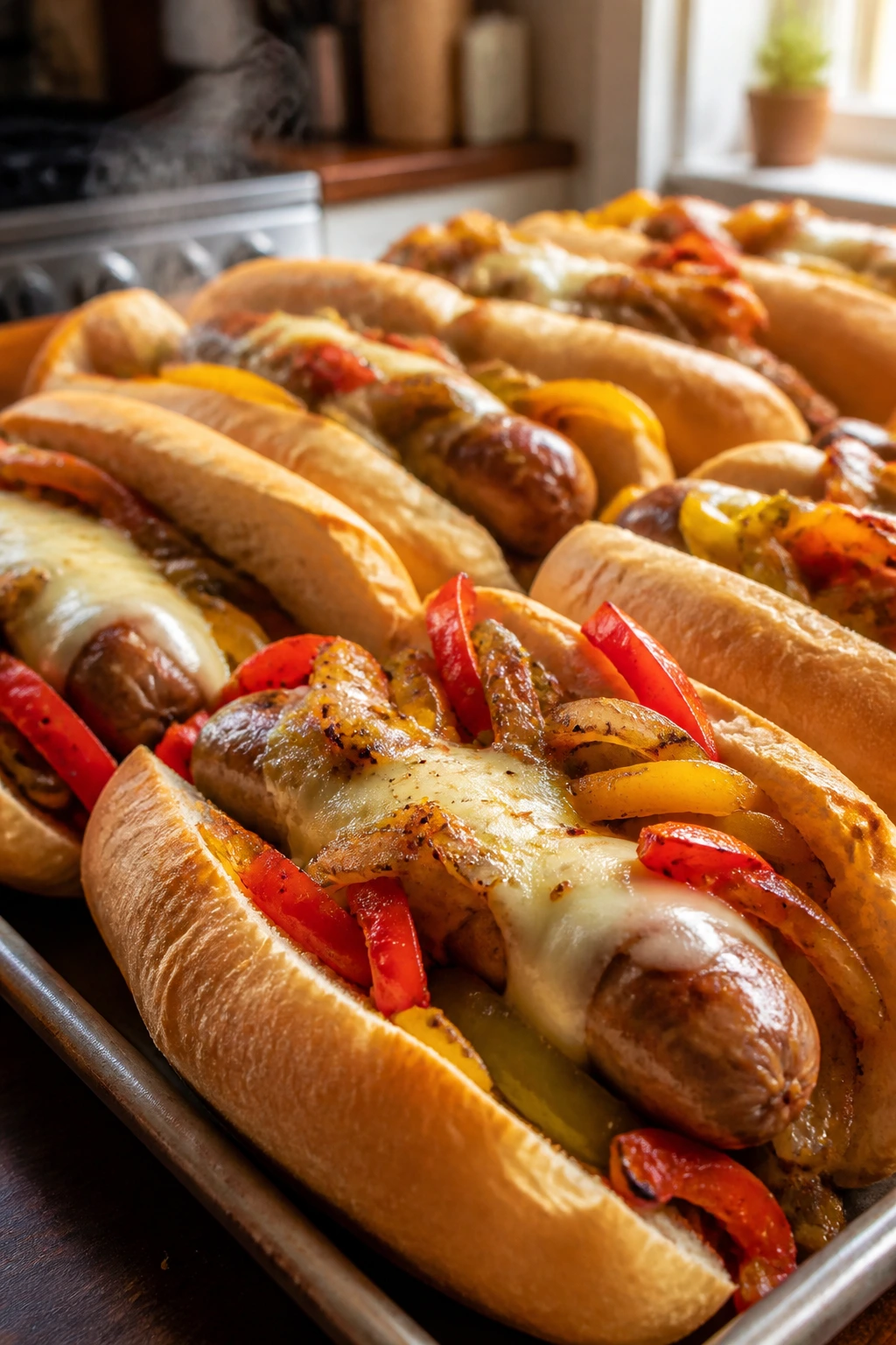 Close-up of a sausage and peppers hoagie tray with melted cheese in a warm kitchen