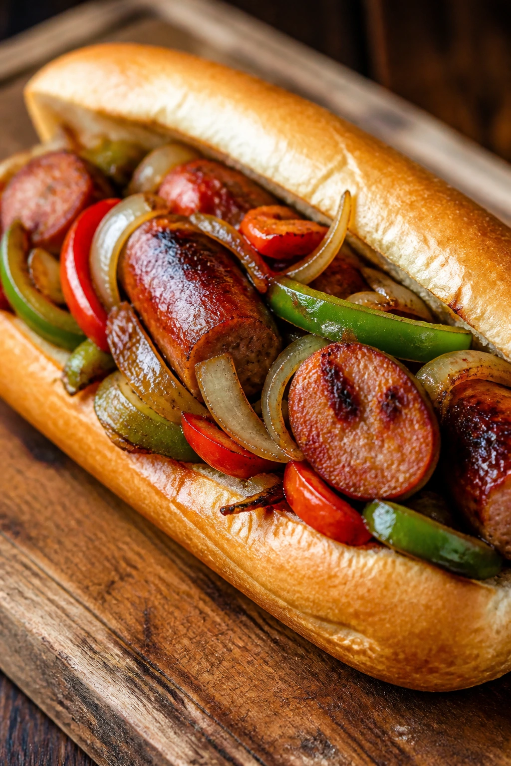 Sausage peppers onions hoagie on wooden board