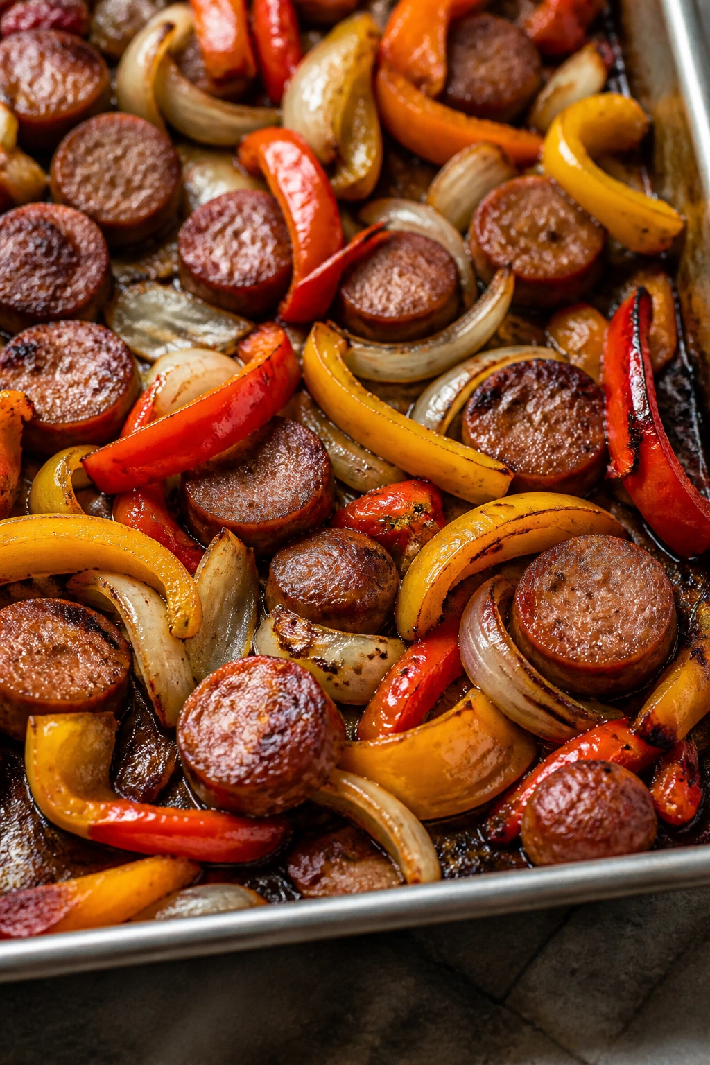 Sausage, peppers, and onions on a sheet pan
