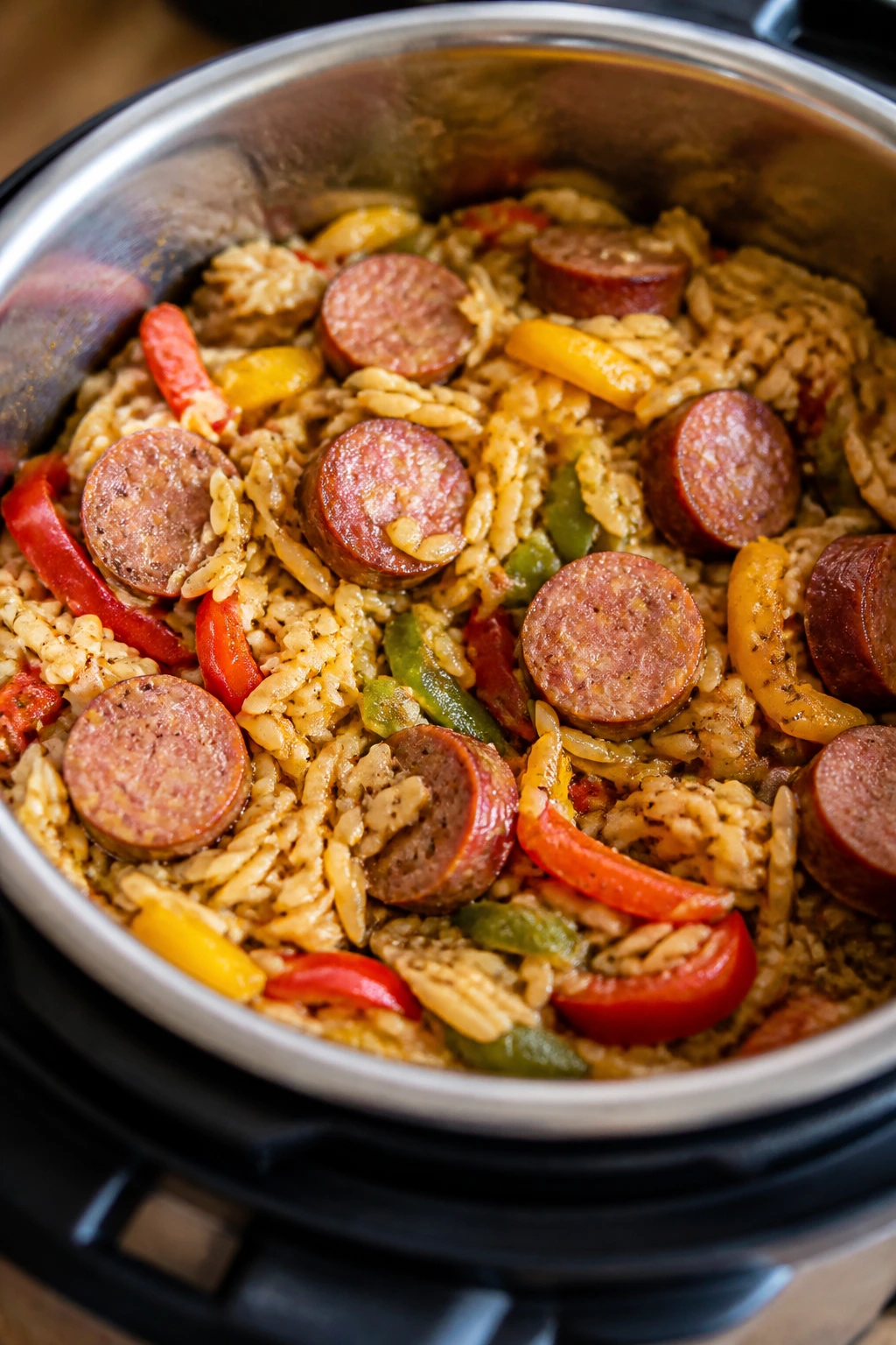 Sausage with peppers and orzo in a skillet