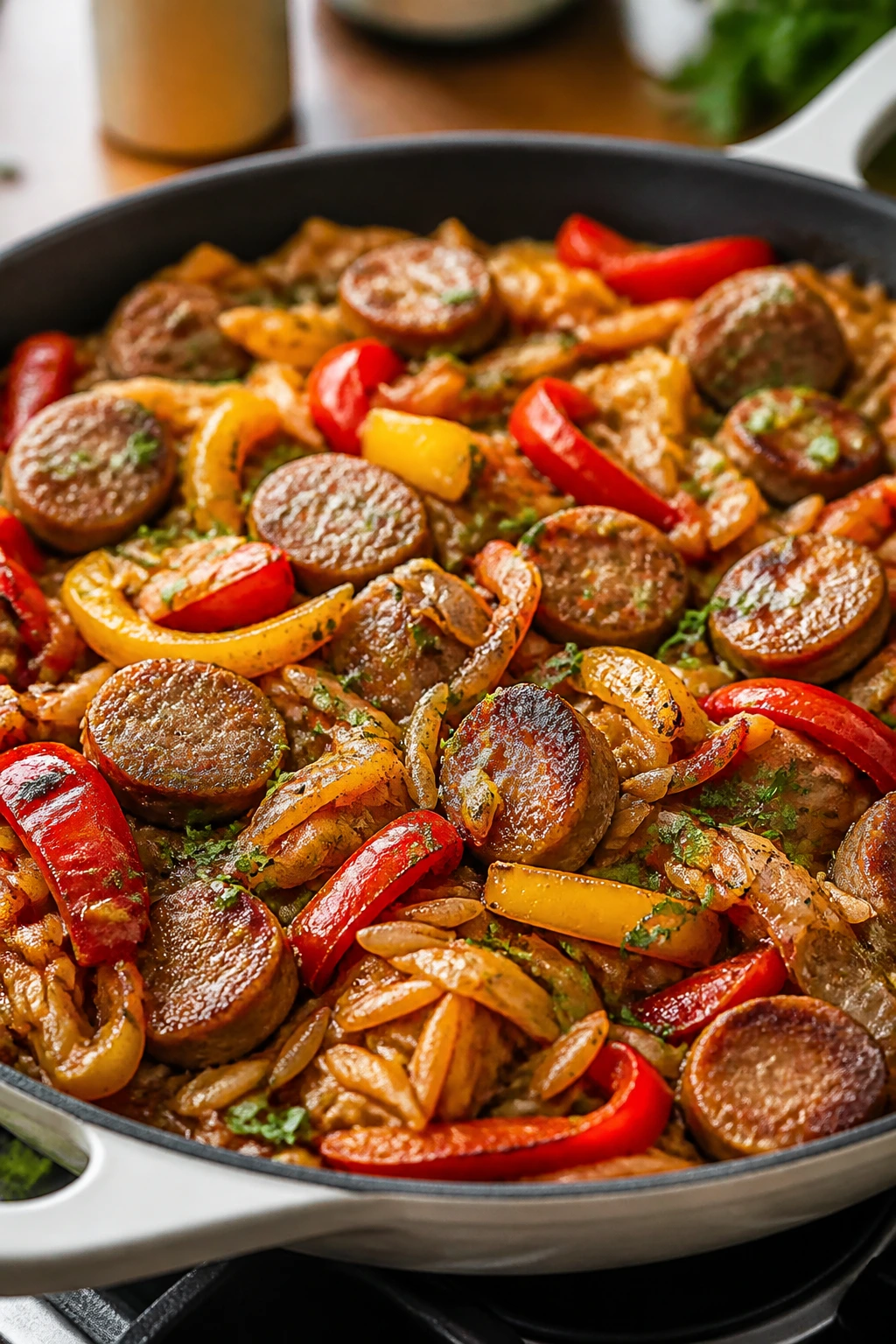 Sausage, peppers, and orzo skillet filling the frame