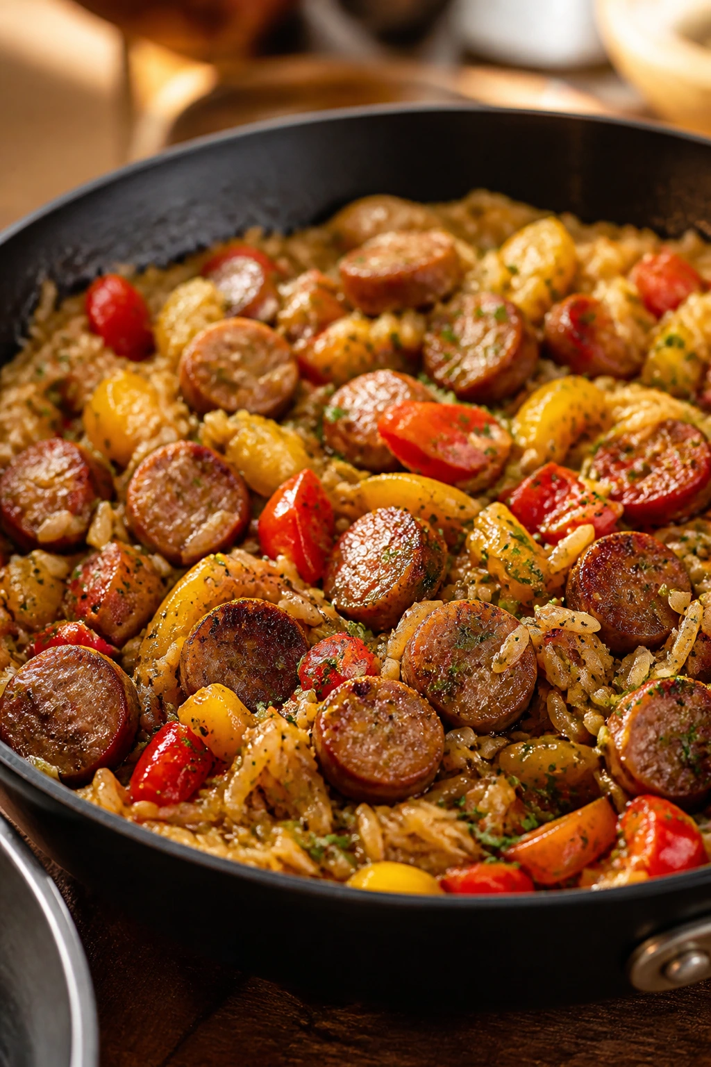 Sausage, peppers, and orzo skillet filling the frame