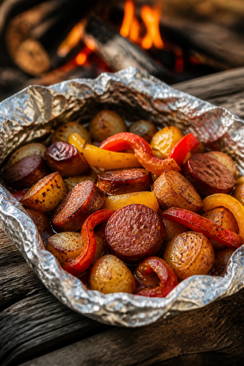 Sausage peppers potatoes foil packet on campsite table