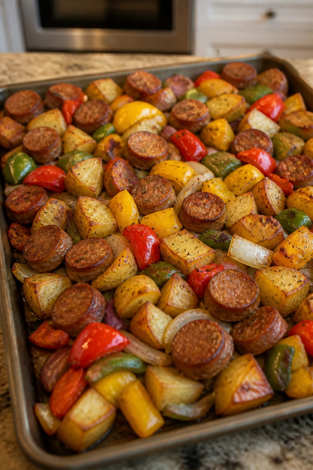 Close-up of sheet-pan sausage peppers potatoes onions on a baking sheet in a warm kitchen