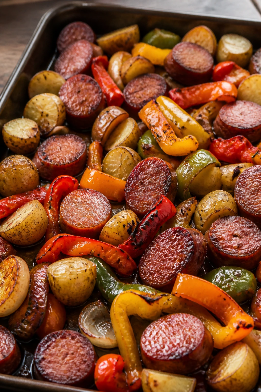 Close-up of sausage, peppers, and baby potatoes on a sheet pan
