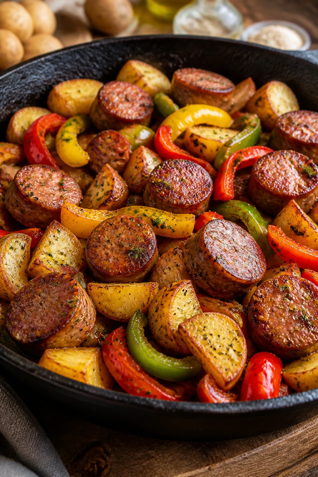 Close-up of Sausage, Peppers, and Potatoes Skillet Bake in a cast-iron skillet.