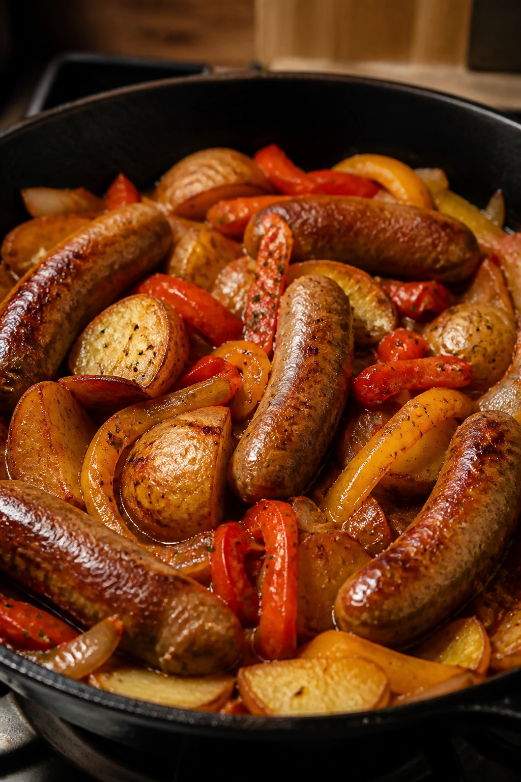 Skillet with sausage, peppers, and potatoes in a savory glaze
