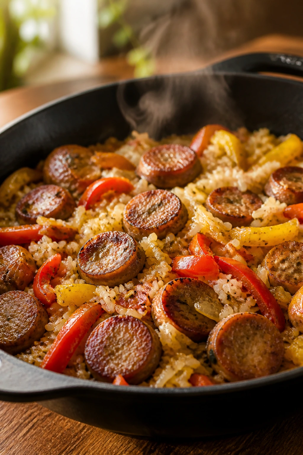 Sausage peppers rice skillet in a bright kitchen.