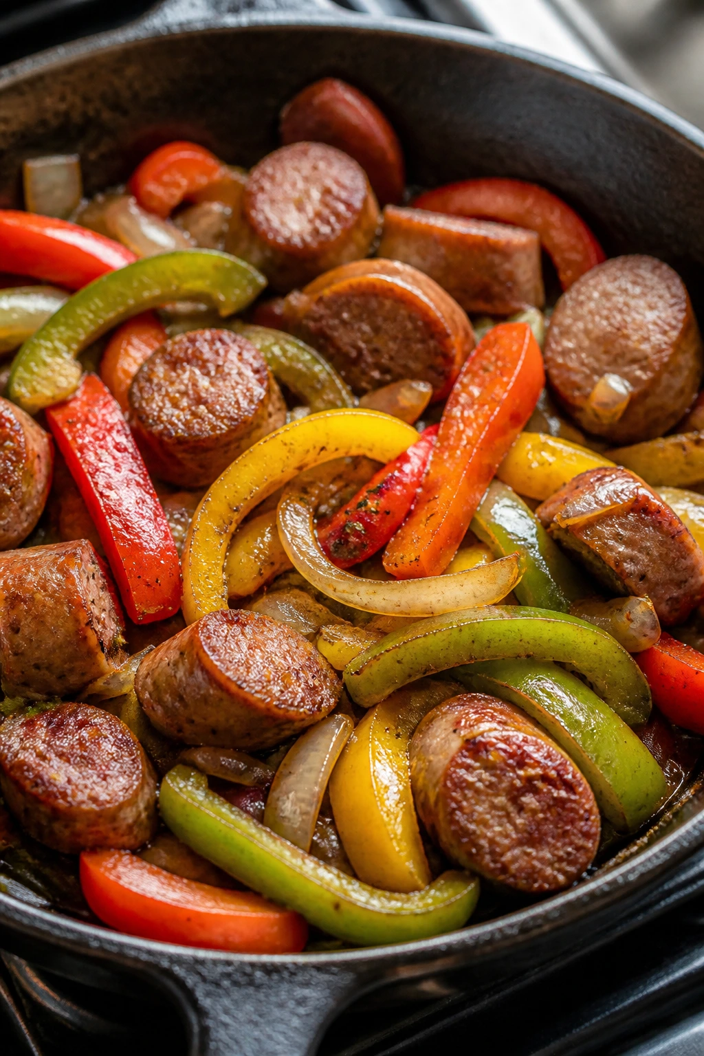 Close-up of sausage with peppers and onions in a skillet