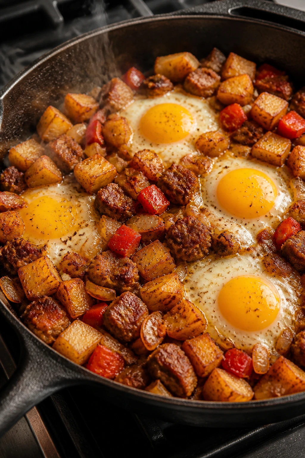 Close-up of sausage and potato breakfast skillet in a pan