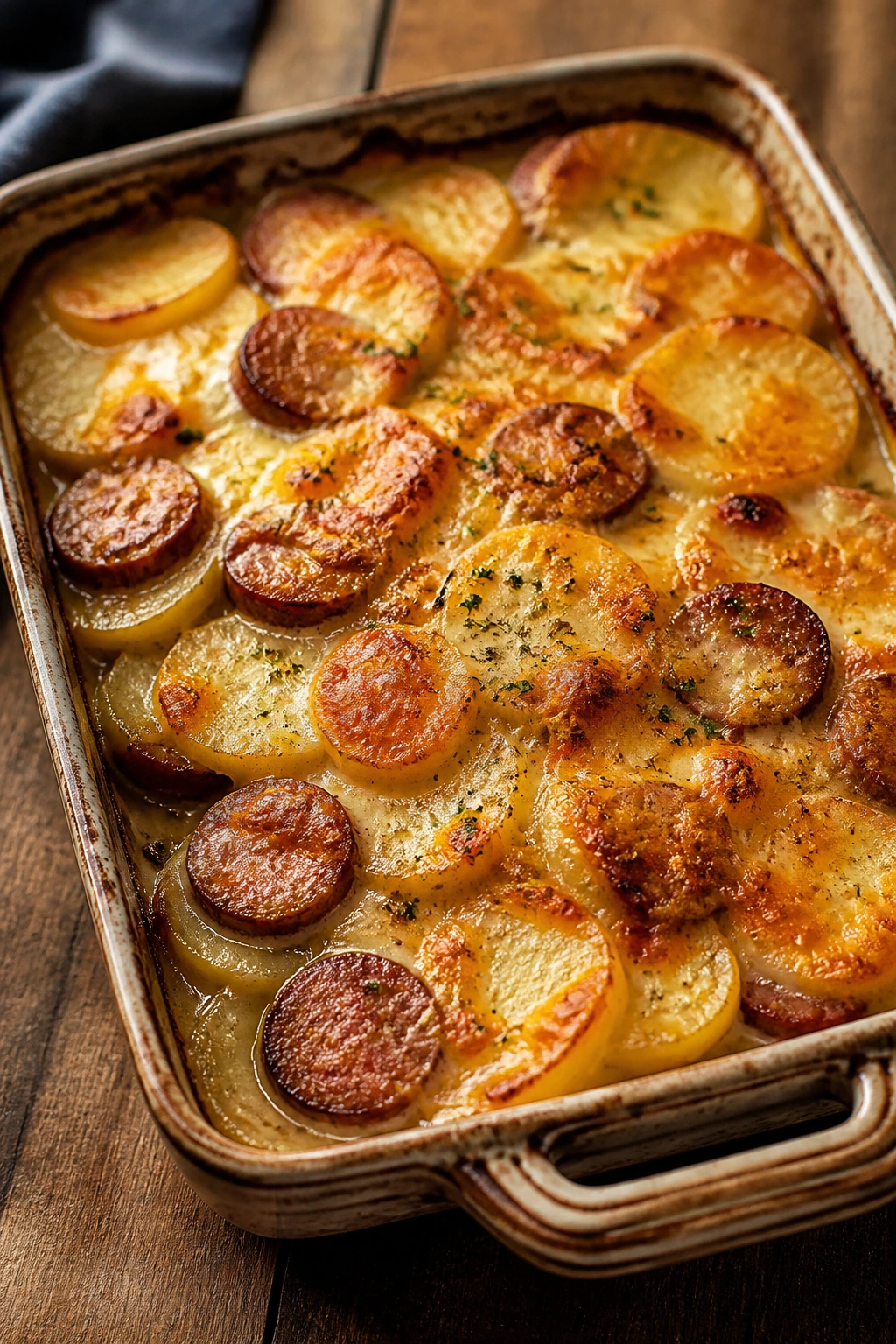 Close-up of smoked sausage and potato cheese casserole in a baking dish