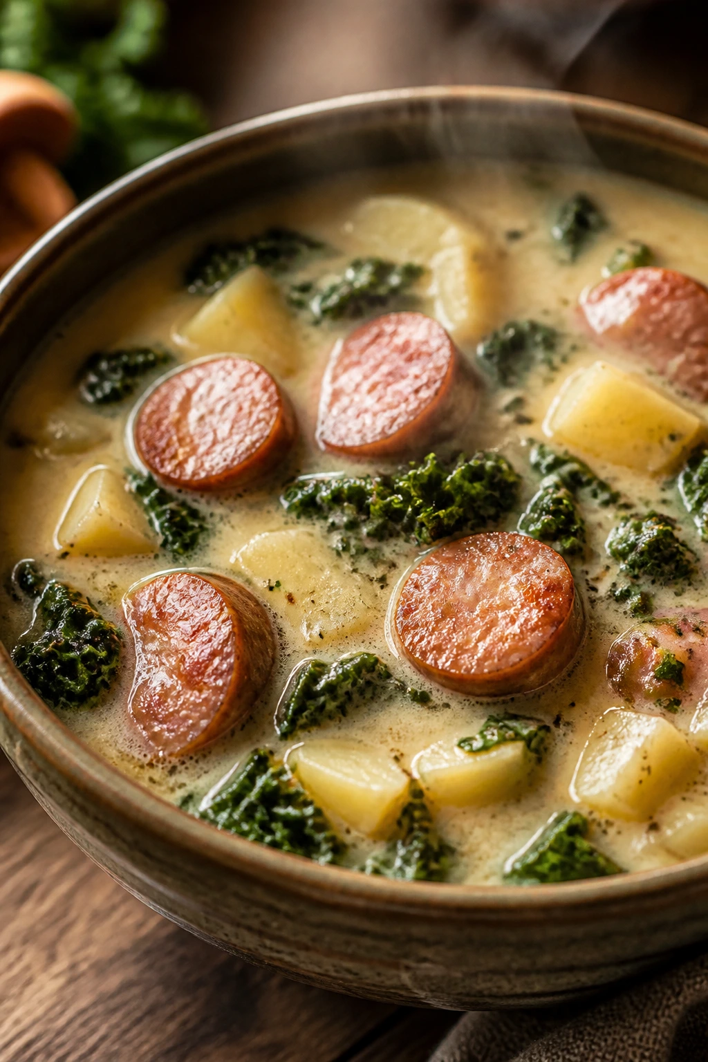 Steaming bowl of sausage potato kale soup with sausage slices and kale