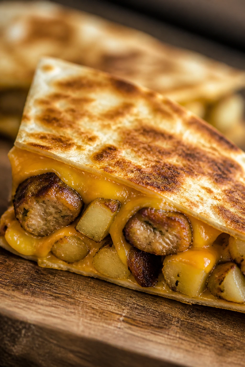 Quesadilla with sausage, potato, and cheddar filling