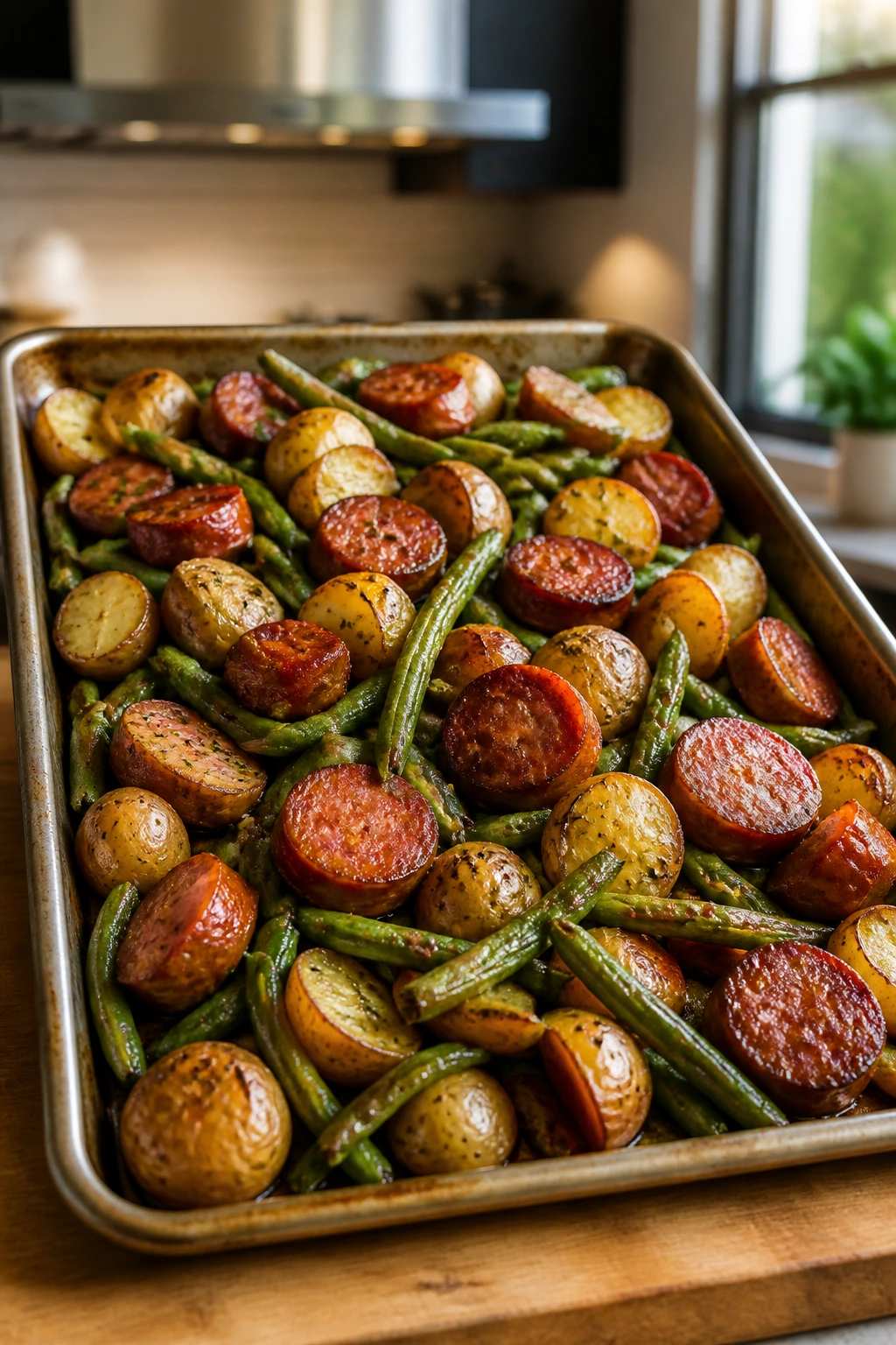 Close-up of roasted sausage, potatoes and green beans on a sheet pan in a warm kitchen