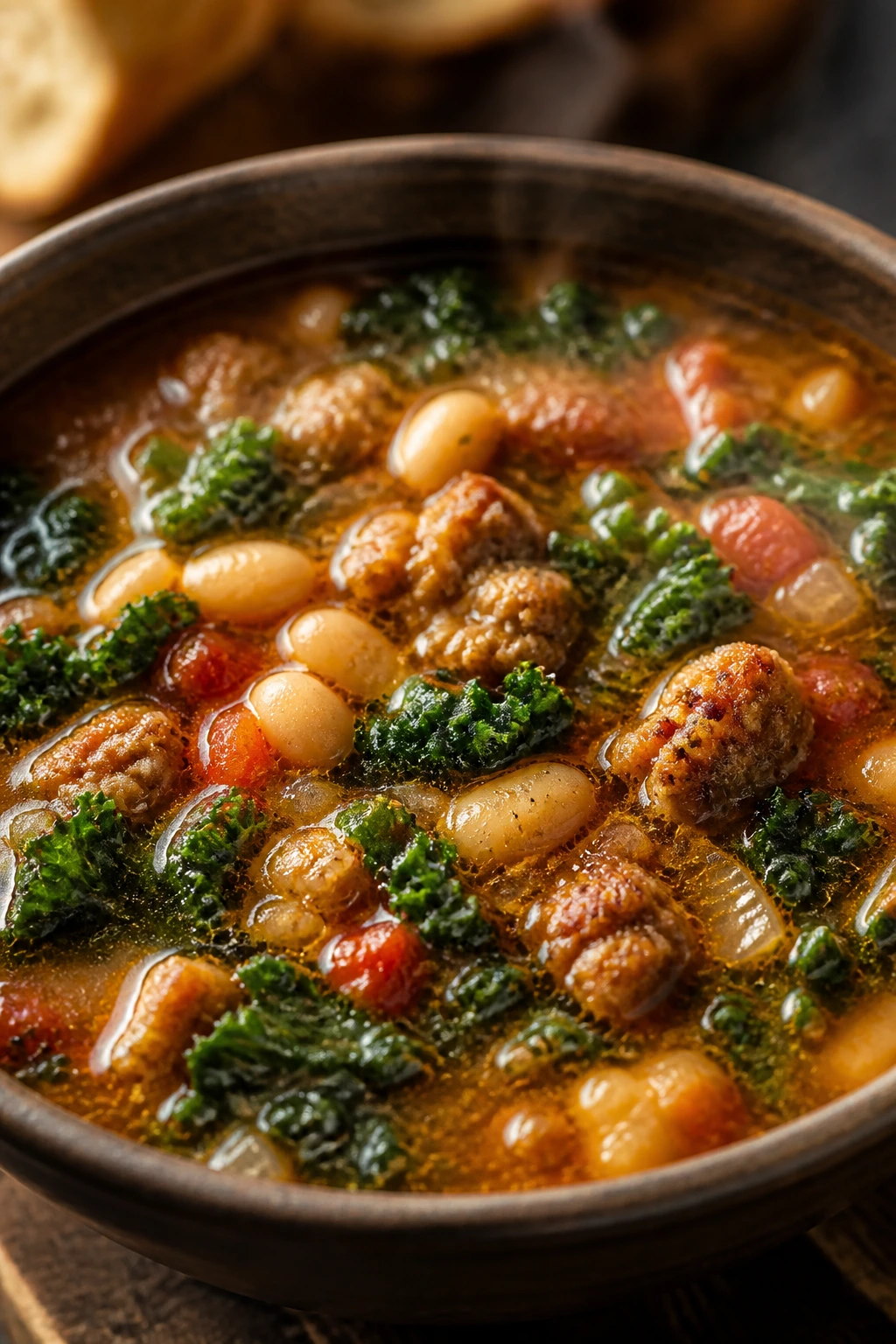 Close-up of Italian sausage white bean kale soup in a rustic bowl