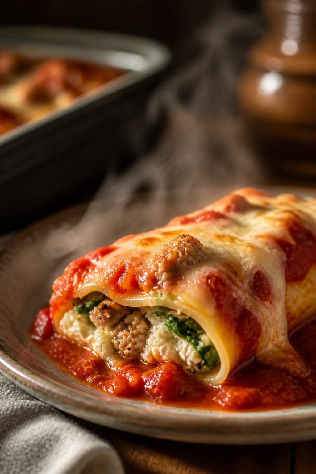 Close-up of sausage and spinach stuffed manicotti on plate