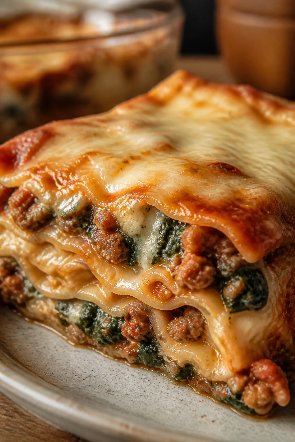 Close-up of Sausage Spinach Provolone Lasagna slice with sausage and spinach
