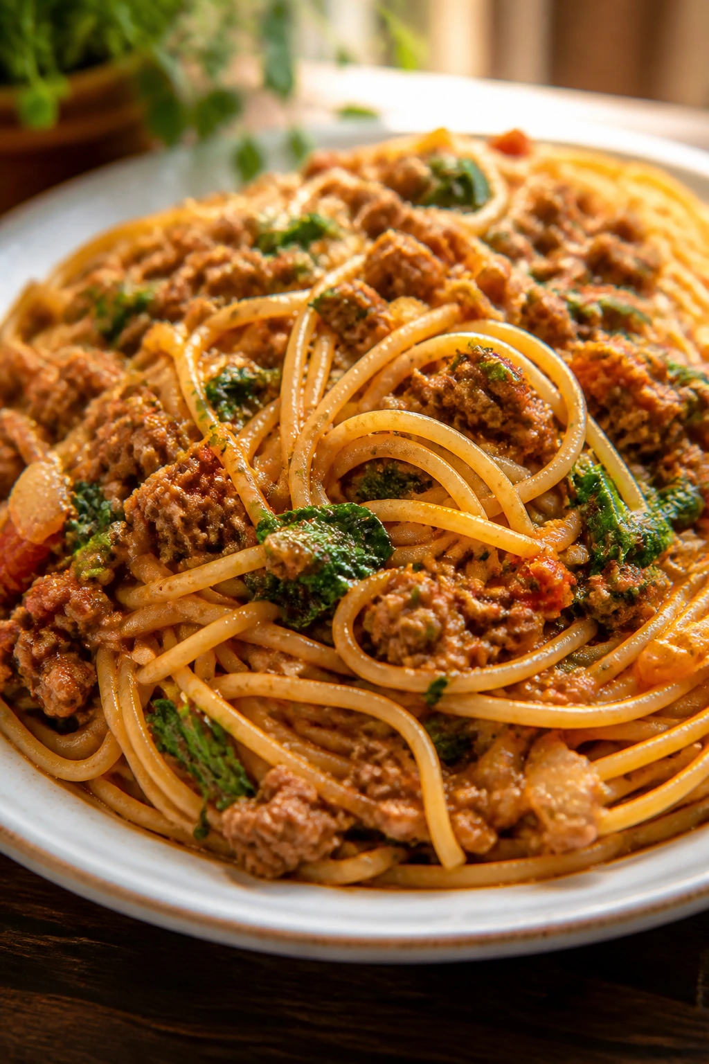 Plate of sausage and spinach spaghetti with visible greens